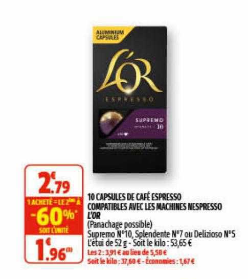 10 capsules de café espresso compatibles avec les machines nespresso l'or