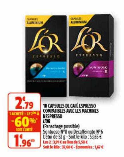 10 capsules de café espresso compatibles avec les machines nespresso l'or