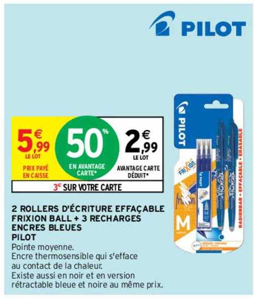 2 rollers d'écriture effaçable frixion ball + 3 recharges encres bleues pilot