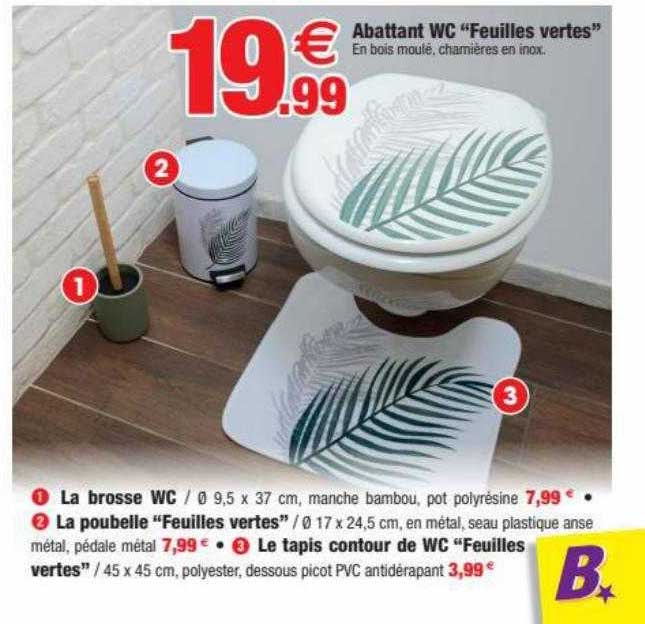Abattant Wc "feuilles Vertes", La Brosse Wc, La Poubelle "feuilles Vertes", Le Tapis Contour De Wc "feuilles Vertes"