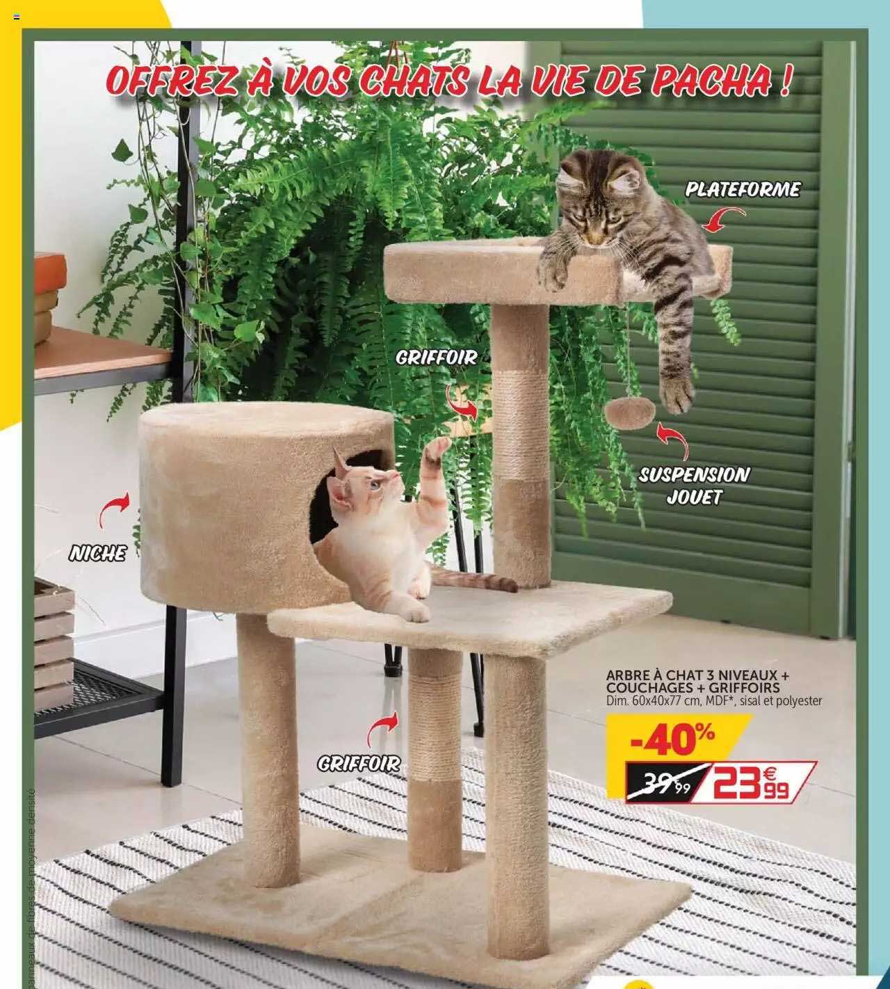 Arbre à Chat 3 Niveaux + Couchages + Griffoirs