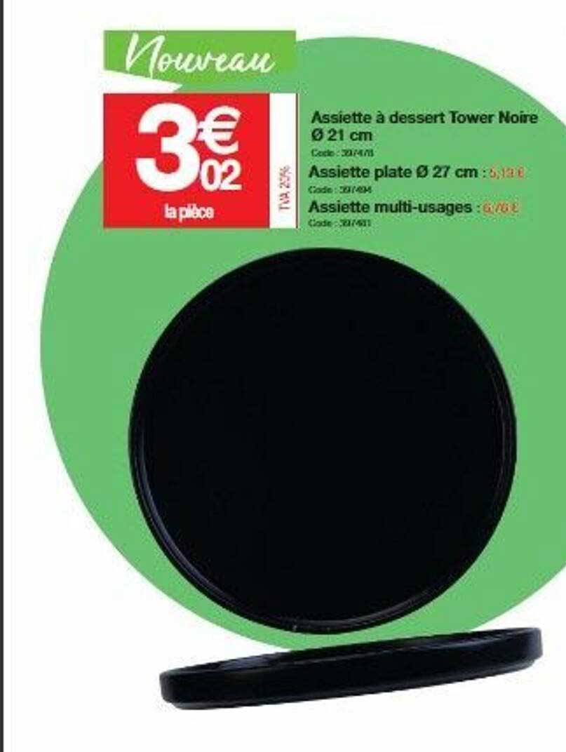 assiette à dessert tower noire ø 21 cm, assiette plate ø 27 cm, assiette multi-usages