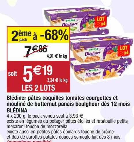 blédiner pâtes coquilles tomates courgettes et mouliné de butternut panais boulghour dès 12 mois blédina