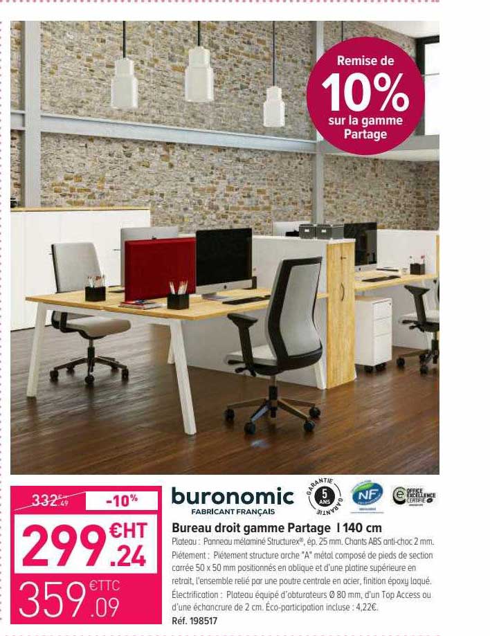 bureau droit gamme partage l 140 cm buronomic