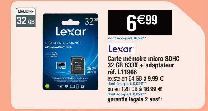 carte mémoire micro sdhc 32 gb 633x + adaptateur lexar