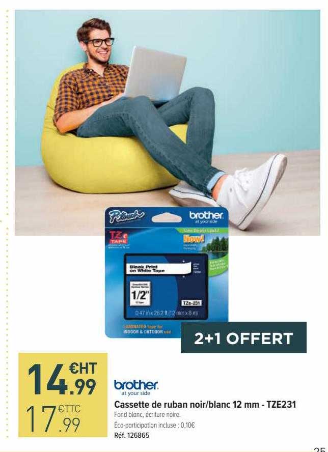 cassette de ruban noir-blanc 12 mm - tze231 brother
