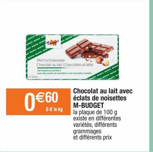 chocolat au lait avec éclats de noisettes m-budget