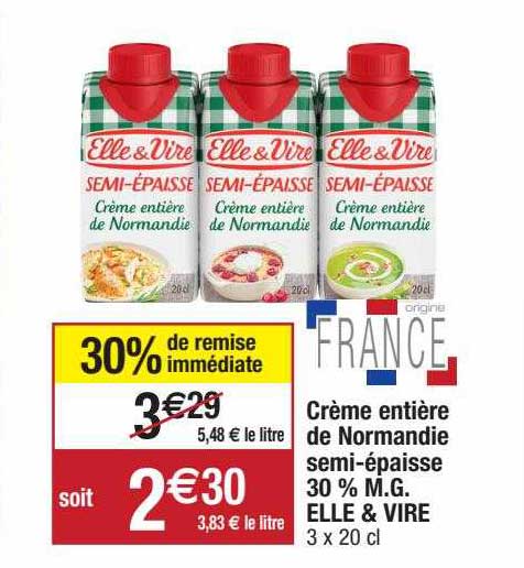 crème entière de normandie semi-épaisse 30% m.g. elle & vire