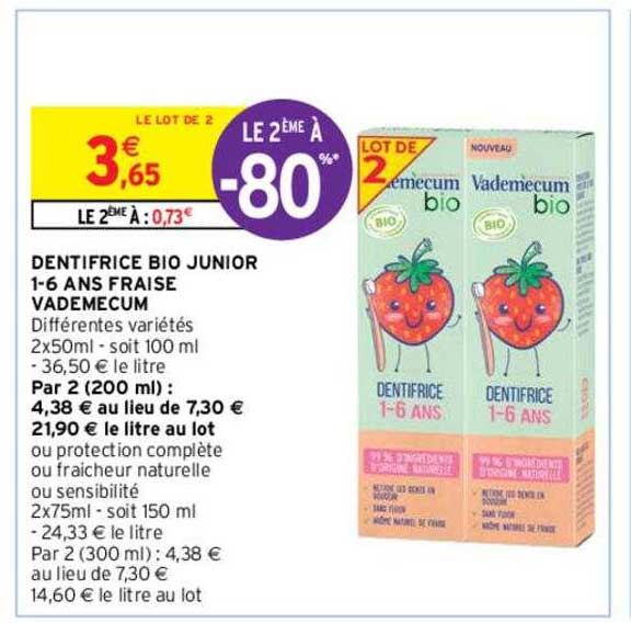 dentifrice bio junior 1-6 ans fraise vademecum
