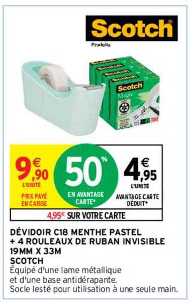 dévidoir c18 menthe pastel + 4 rouleaux de ruban invisible 19mm x 33 cm scotch