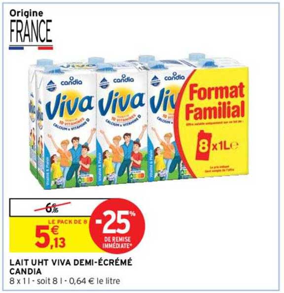 lait uht viva demi-écrémé candia