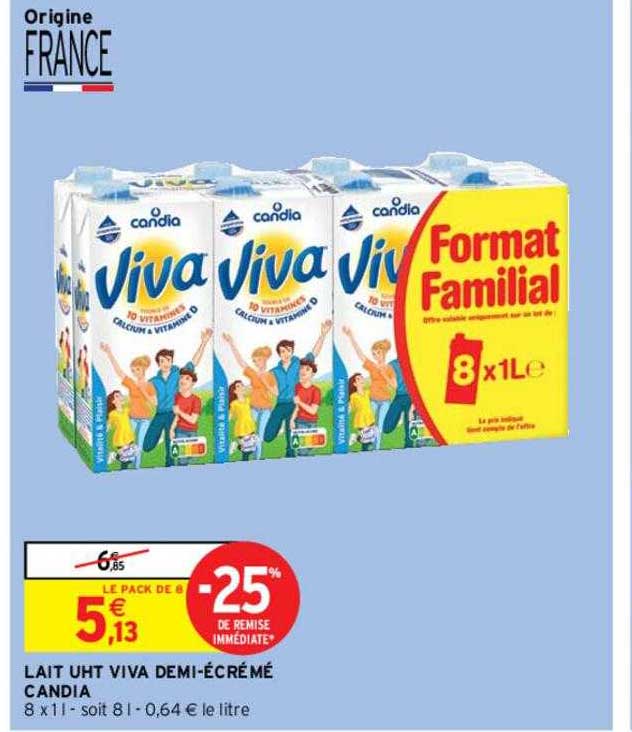 lait uht viva demi-écrémé candia