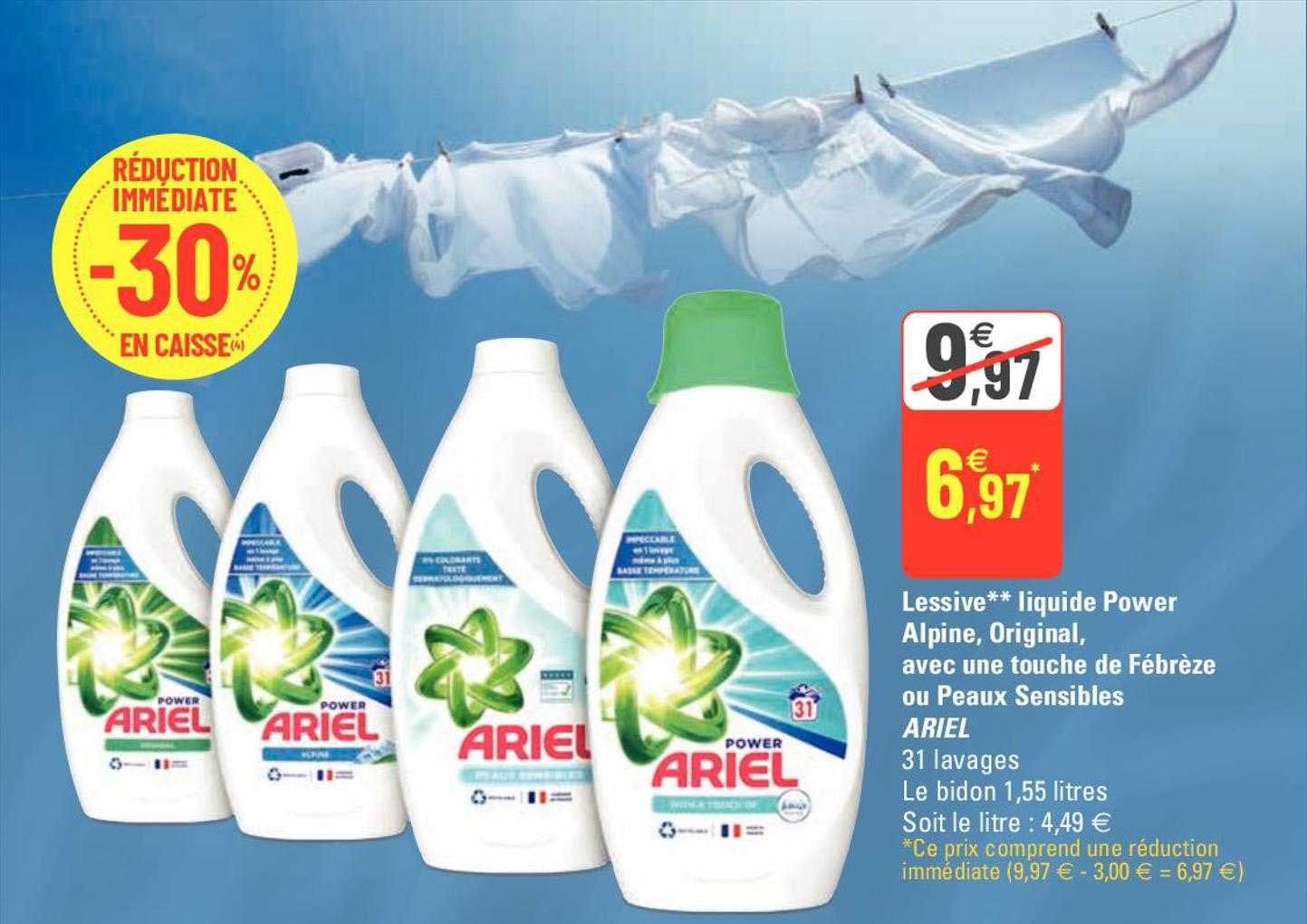 lessive ** liquide power alpine, original, avec une touche de fébrèze ou peau sensibles ariel