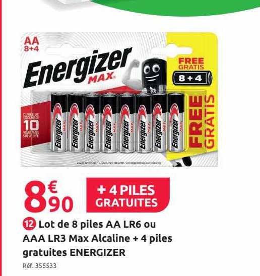 lot de 8 piles aa lr6 ou aa lr3 max alcaline + 4 piles gratuites energizer