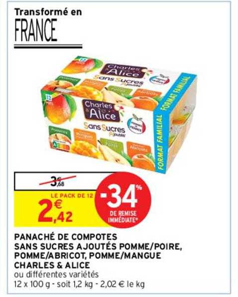 Panaché De Compotes Sans Sucres Ajoutés Pomme-poire, Pomme-abricot, Pomme-mange, Charles & Alice