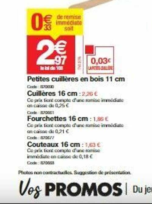 petites cuillères en bois 11 cm, cuillères 16 cm, fourchettes 16 cm, couteaux 16 cm