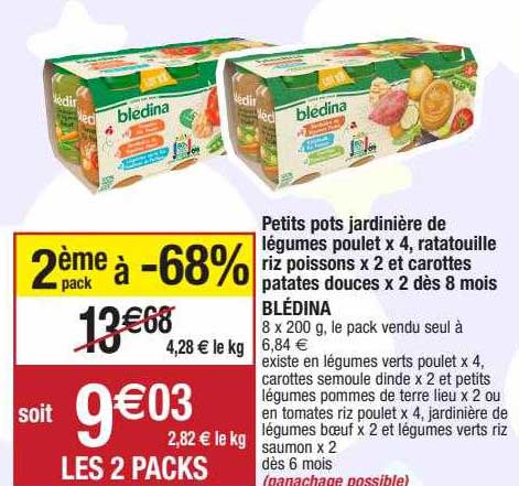 petits pots jardinière de légumes poulet x4, ratatouille riz poissons x2 et carottes patates douces x2 dès 8 mois blédina