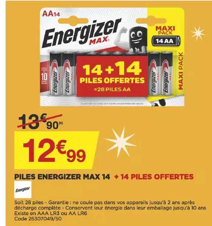 piles energizer max 14 + 14 piles offertes