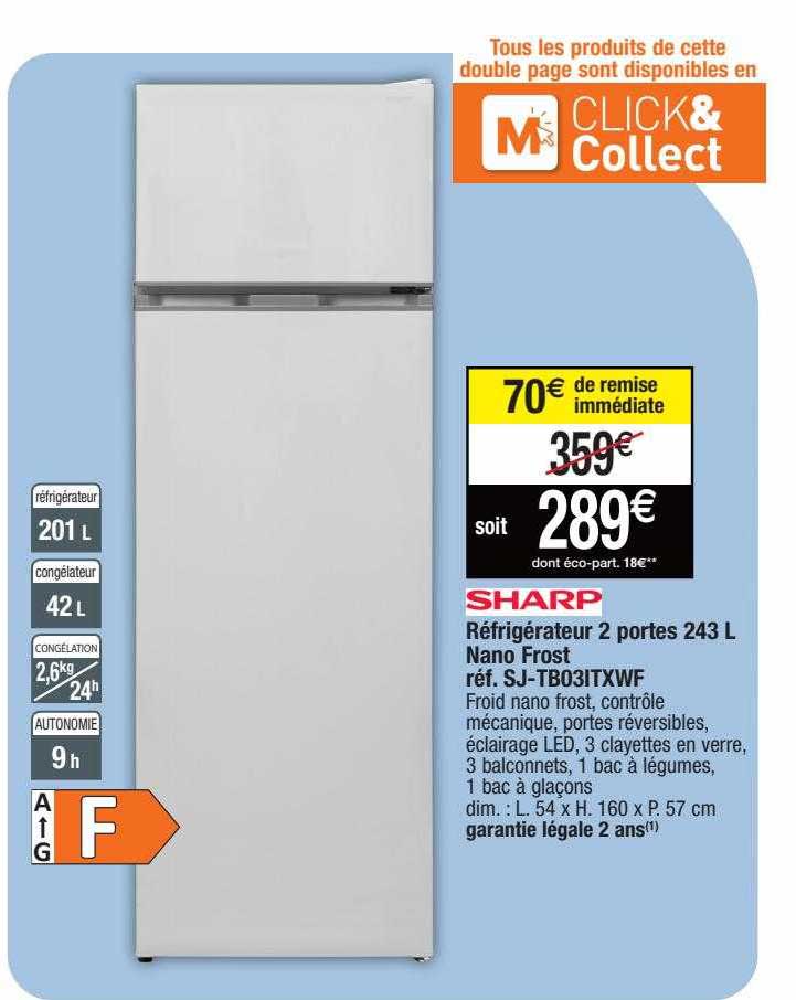 réfrigérateur 2 portes 242 l nano frost sharp