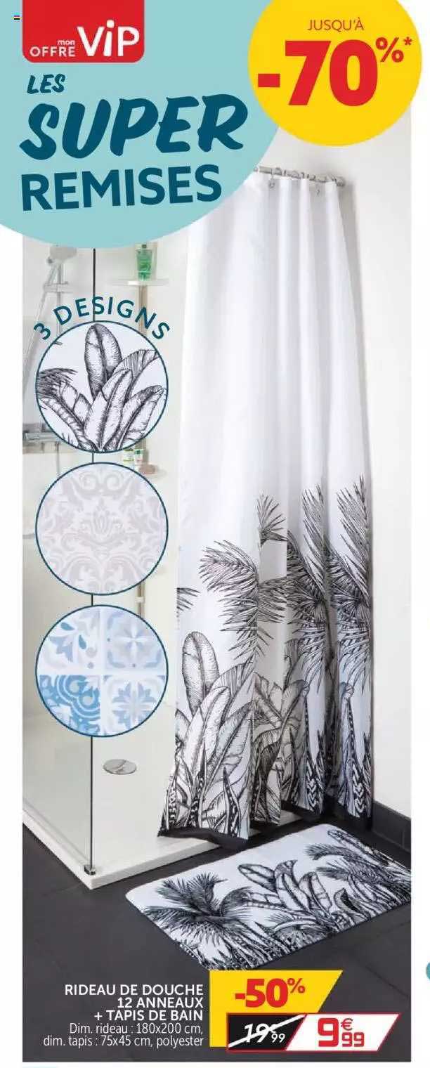 Rideau De Douche 12 Anneaux + Tapis De Bain