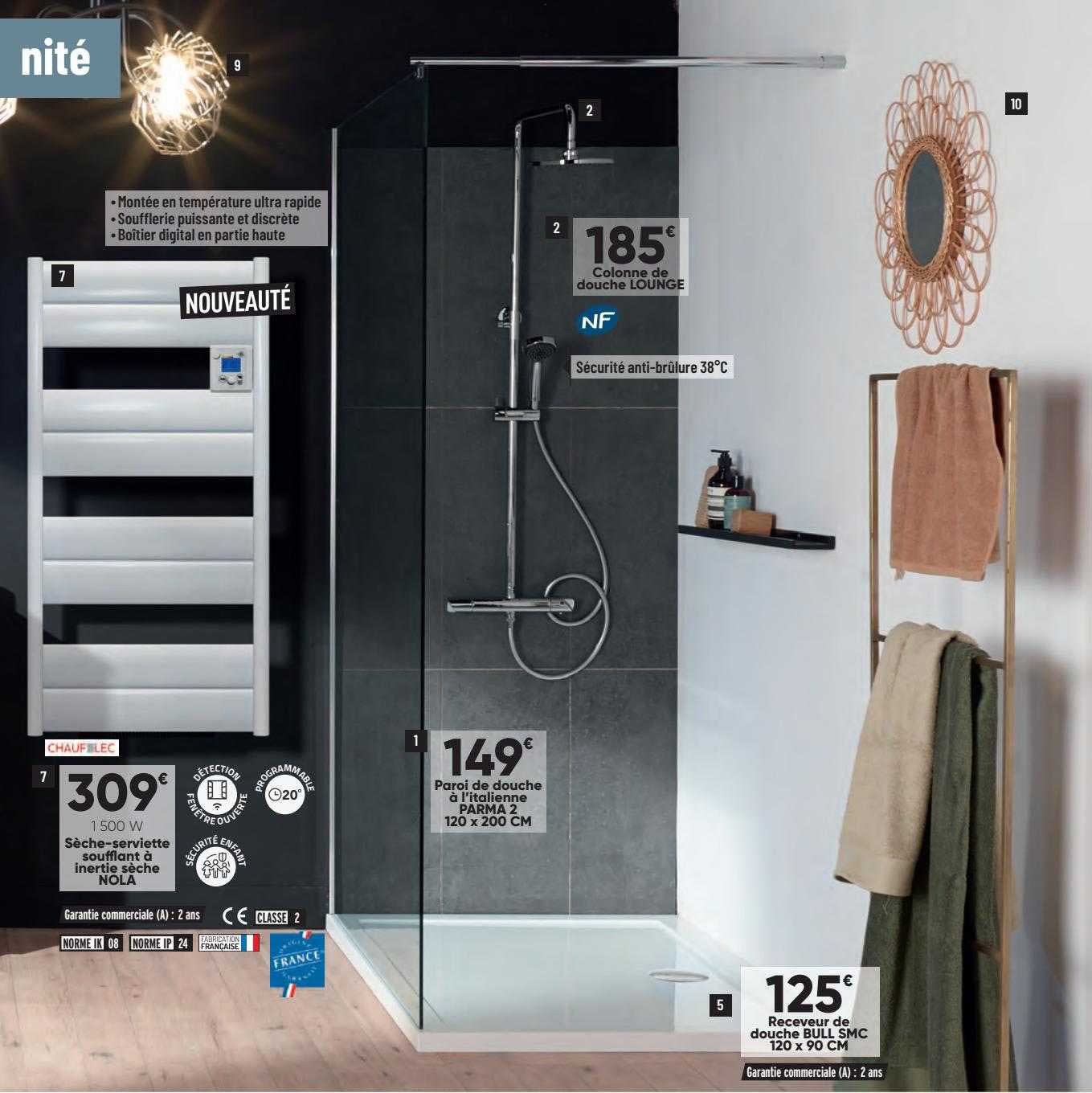 sèche-serviette soufflant à inertie sèche nola, paroi de douche à l'italienne parma 2 120 x 200 cm, receveur de douche bull smc 120 x 90 cm