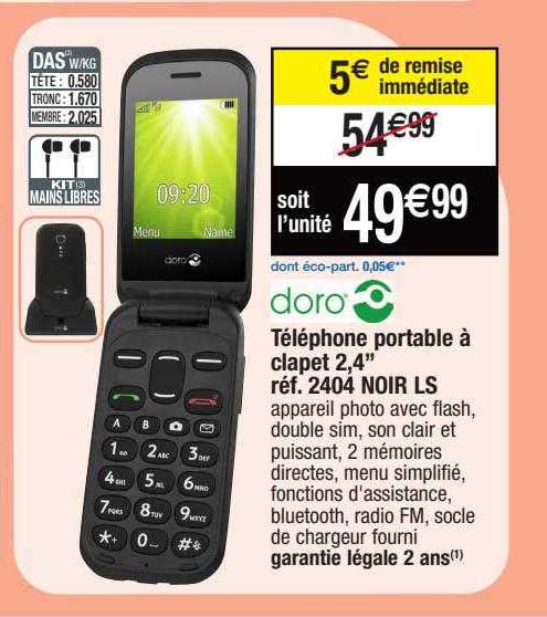 téléphone portable à clapet 2,4" 2404 noir ls doro