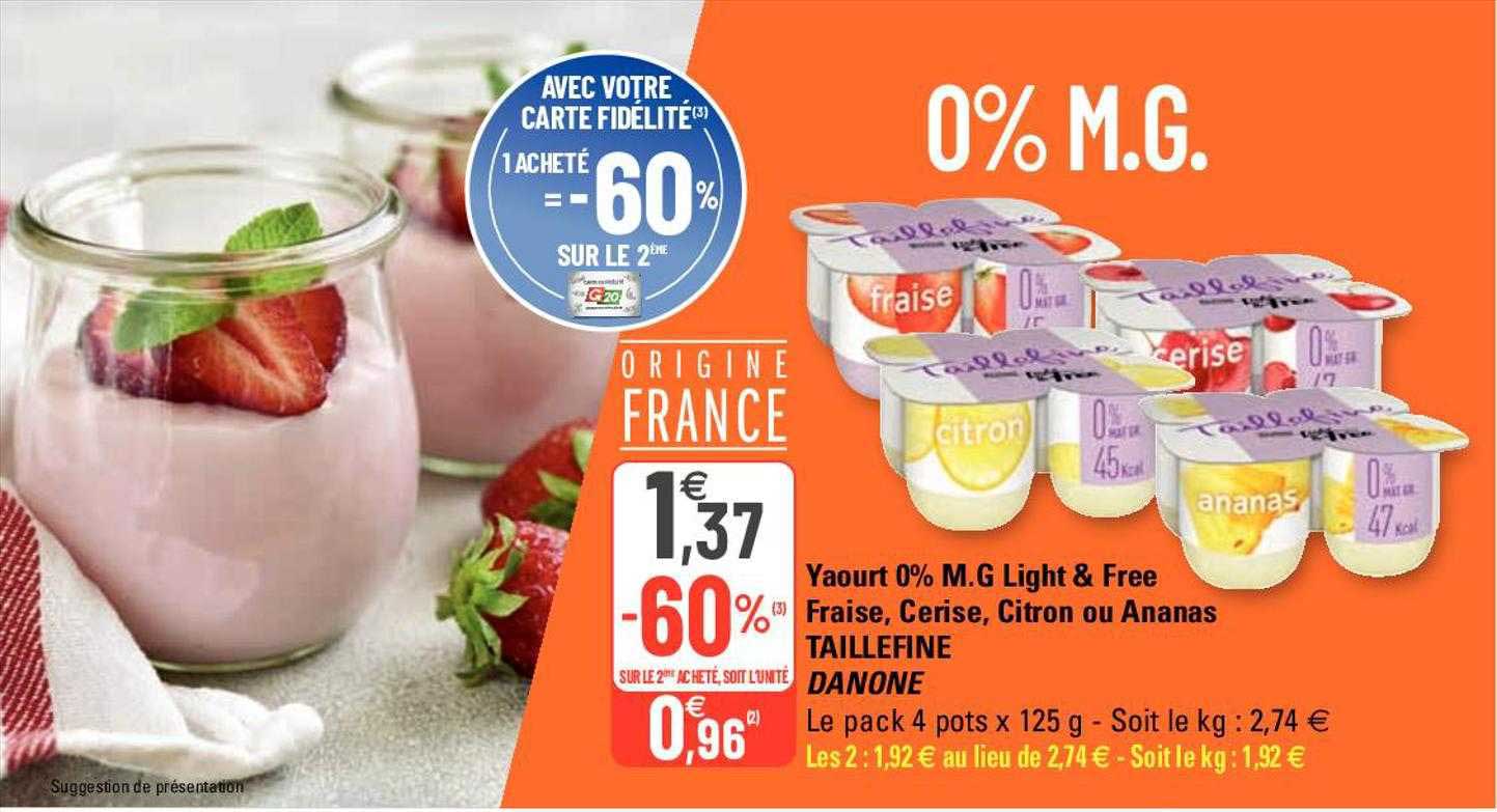 yaourt 0% m.g. light & free fraise, cerise, citron ou ananas taillefine danone
