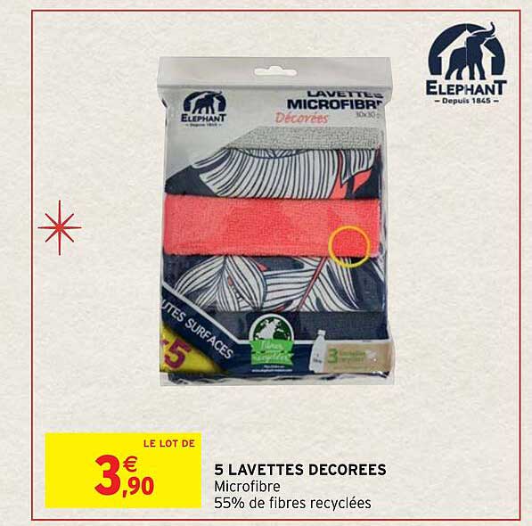 5 lavettes décorées éléphant