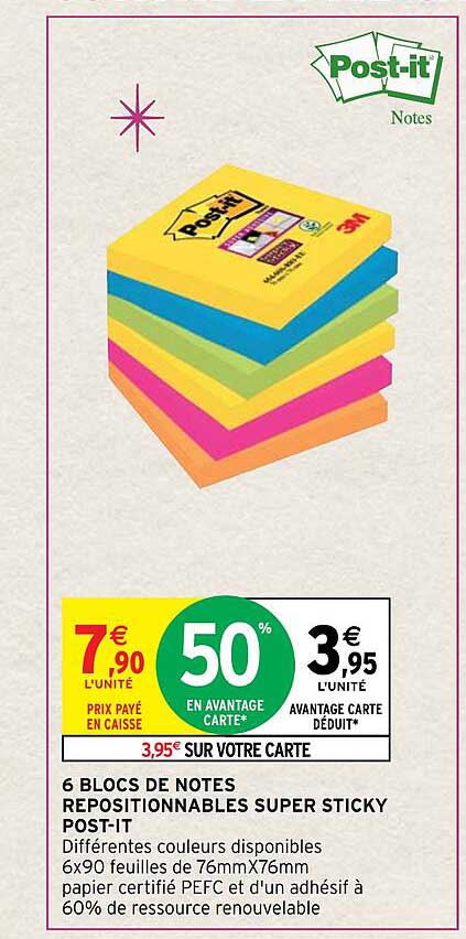 6 blocs de notes repositionnables super sticky post-it