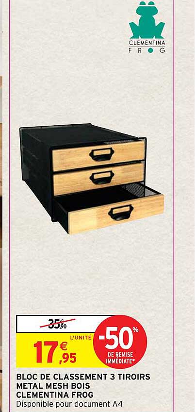 bloc de classement 3 tiroirs métal mesh bois clémentina frog
