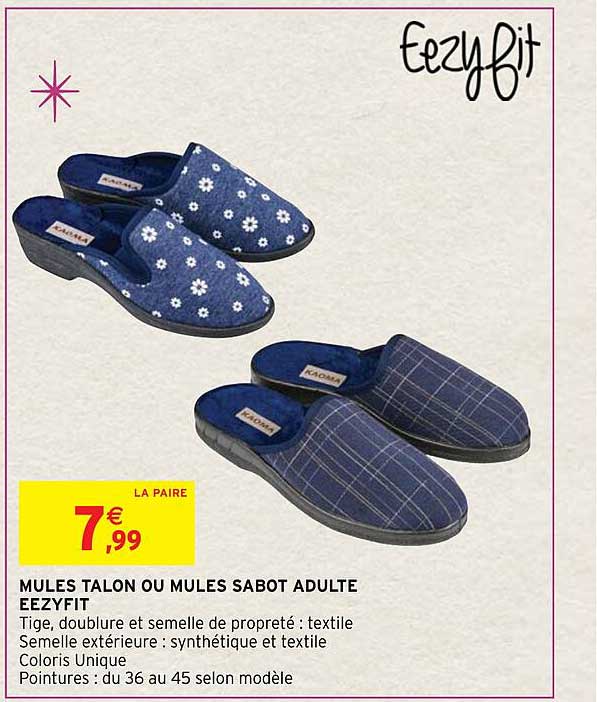 mules talon ou mules sabot adulte eezyfit