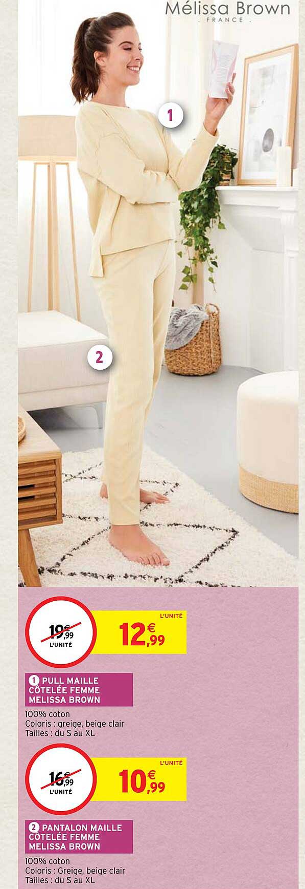 pull maille côtelée femme mélissa brown, pantalon maille côtelée femme mélissa brown