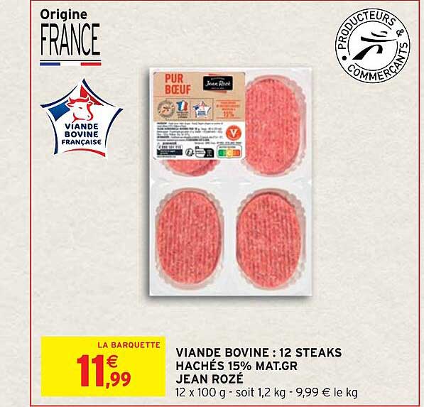 viande bovine : 12 steaks hachés 15% mat.gr. jean rozé