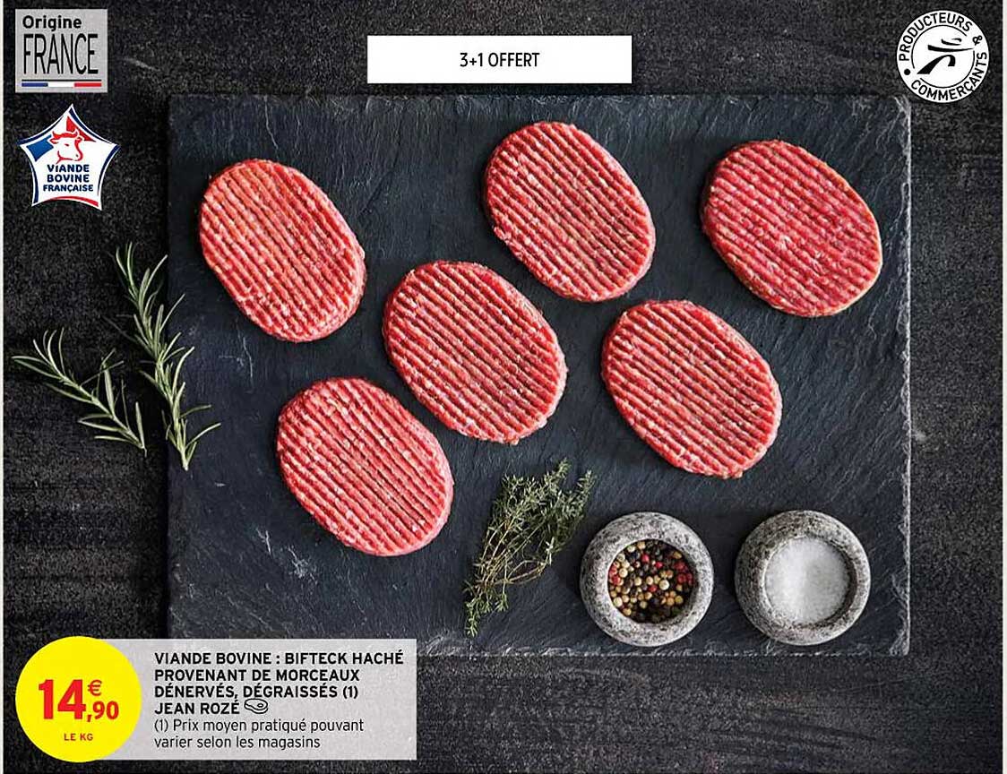 viande bovine : bifteck haché provenant de morceaux dénervés, dégraissés jean rozé
