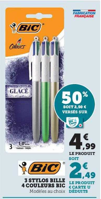 3 Stylos Bille 4 Couleurs Bic
