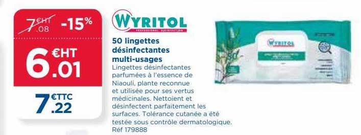 50 lingettes désinfectantes multi-usages wyritol