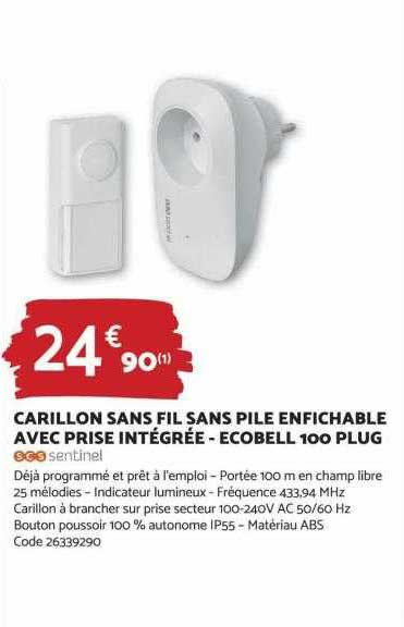 carillon sans fil sans pile enfichable avec prise intégrée - écobell 100 plug