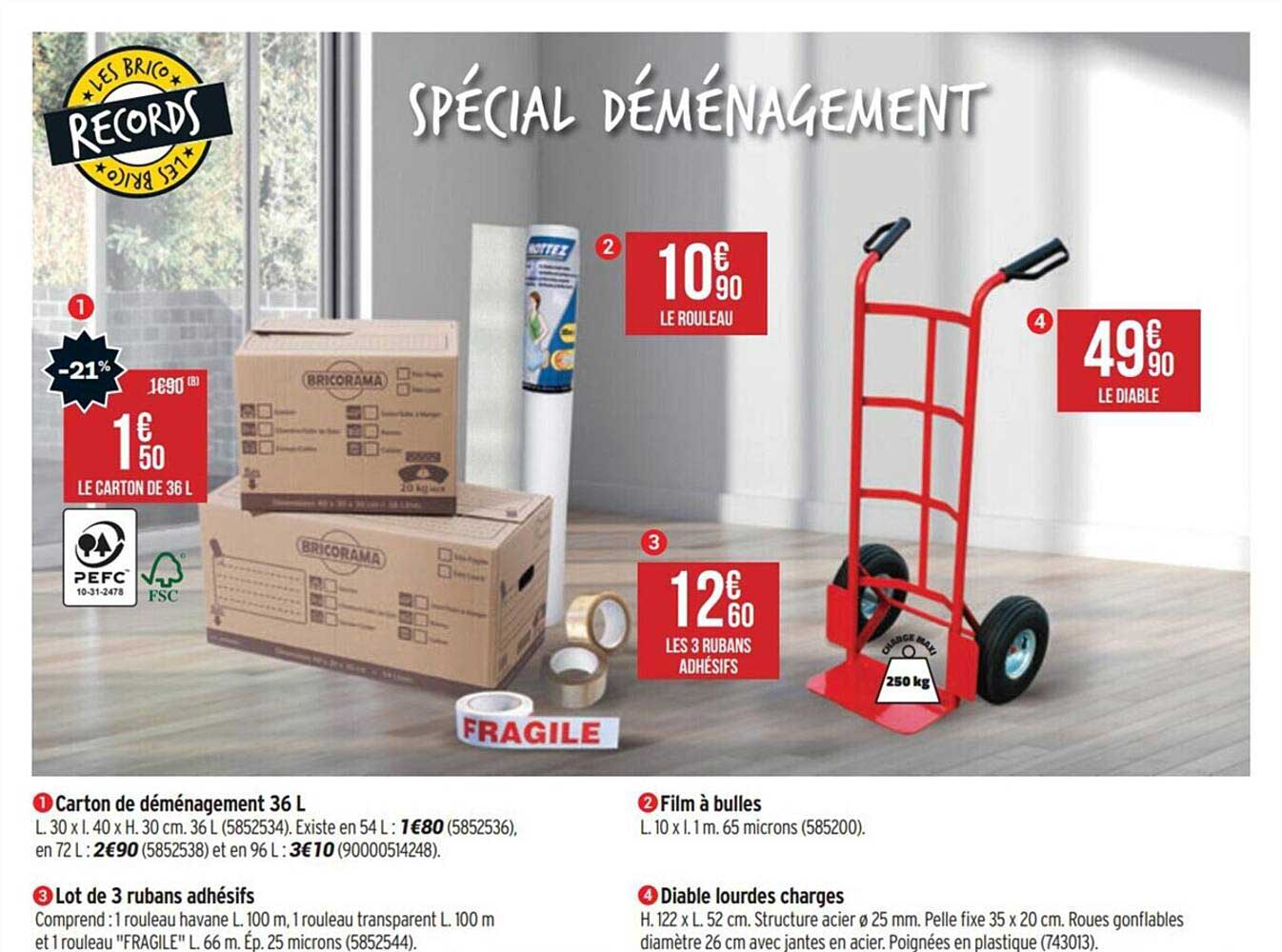 carton de déménagement 36 l, lot de 3 rubans adhésifs, film à bulles, diable lourdes charges