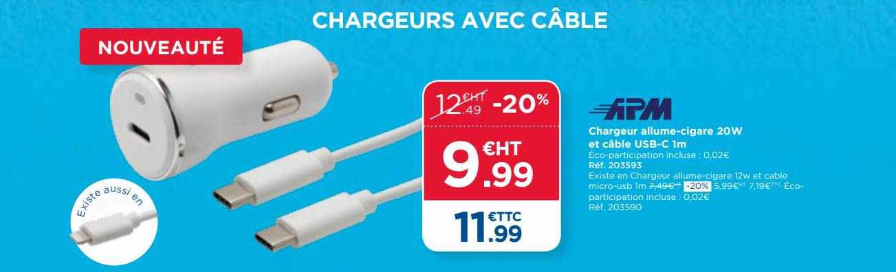 chargeur allume-cigare 20 w et câble usb-c 1 m apm