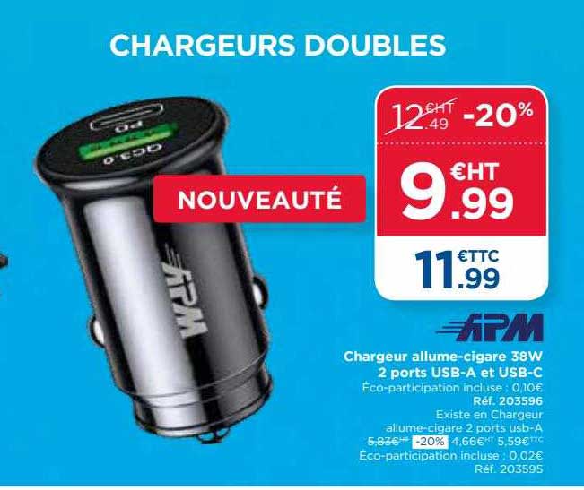 chargeur allume-cigare 38w 2 ports usb-a et usb-c