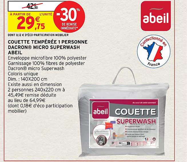 couette tempérée 1 personne dacron micro superwash abeil