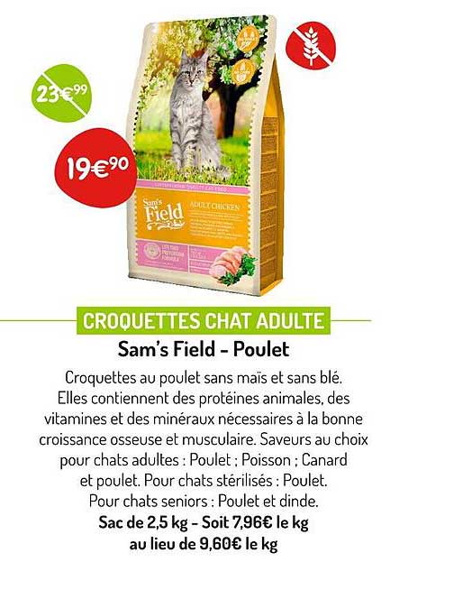 croquettes chat adulte sam's field - poulet