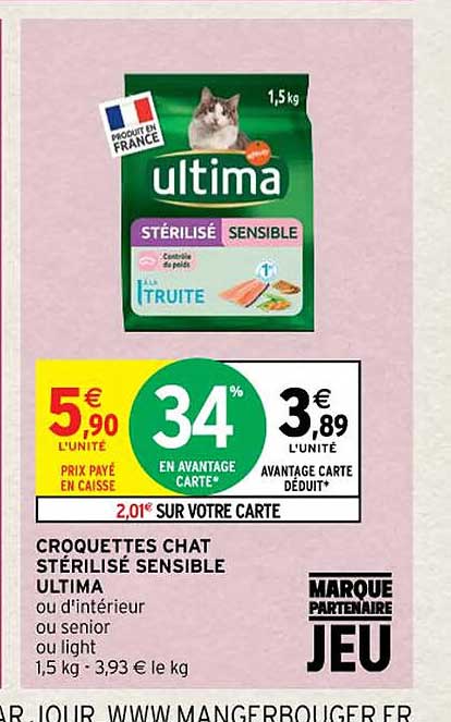croquettes chat stérilisé sensible ultima