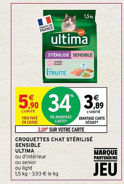 croquettes chat stérilisé sensible ultima
