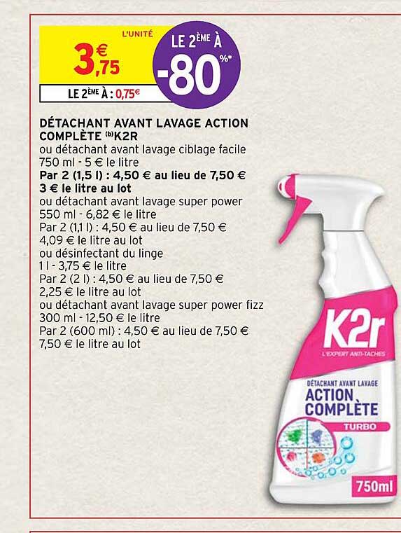 détachant avant lavage action complète k2r