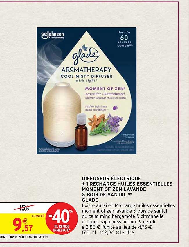 diffuseur électrique + 1 recharge huiles essentielles moment of zen lavande & bois de santal glade