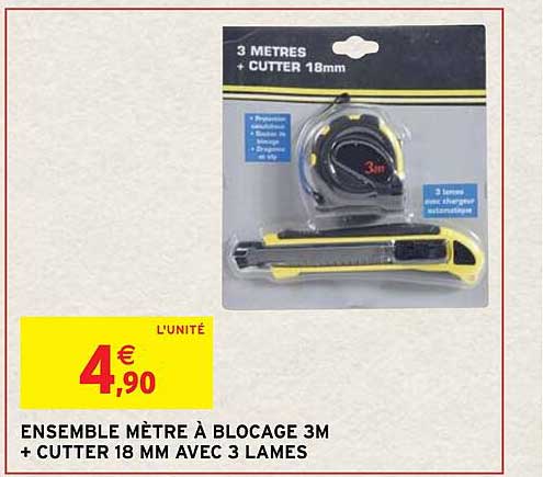 ensemble mètre à blocage 3m + cutter 18 mm avec 3 lames