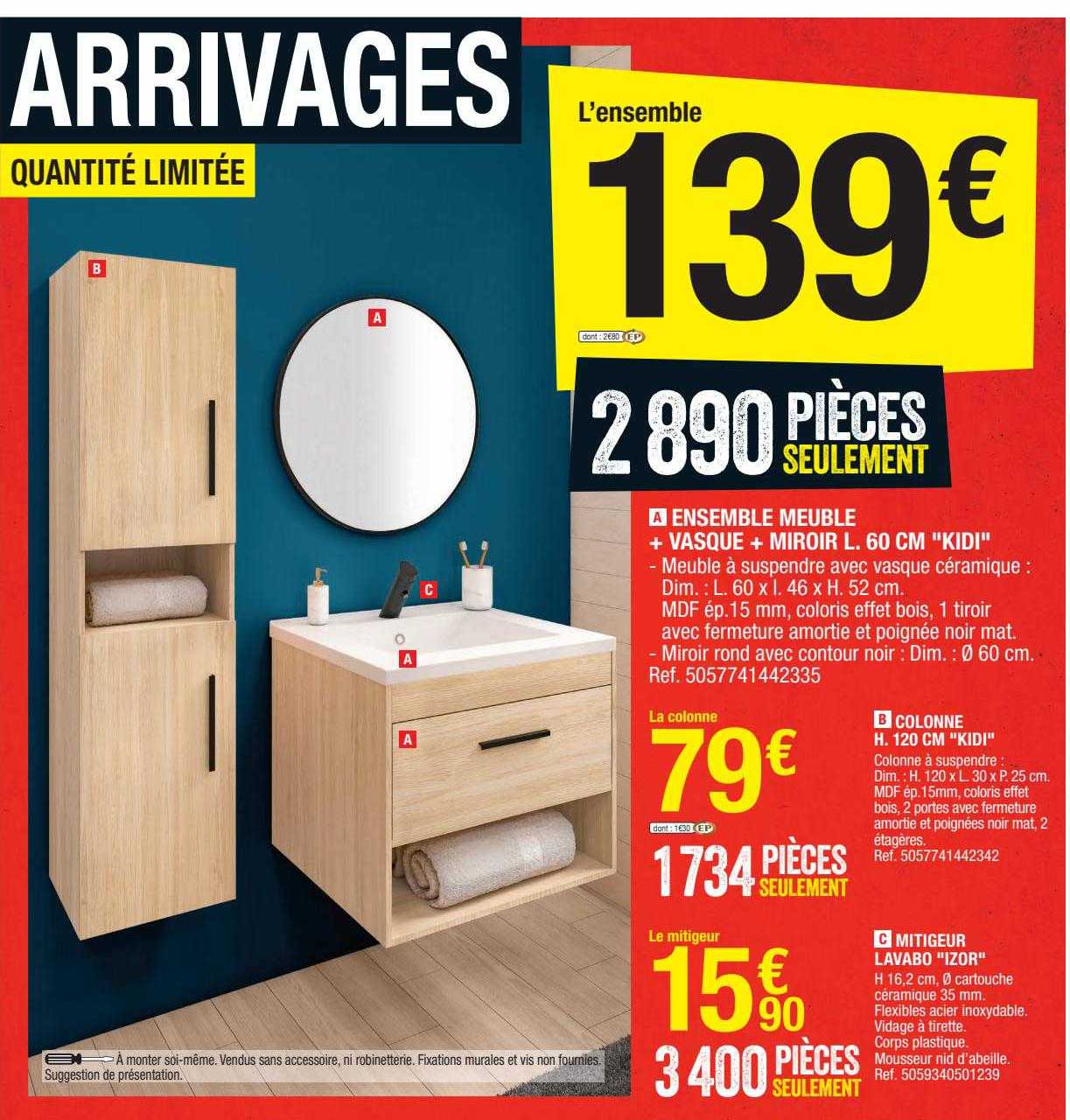 ensemble meuble + vasque + miroir l. 60 cm "kidi", colonne h. 120 cm "kidi", mitigeur lavabo "izor"