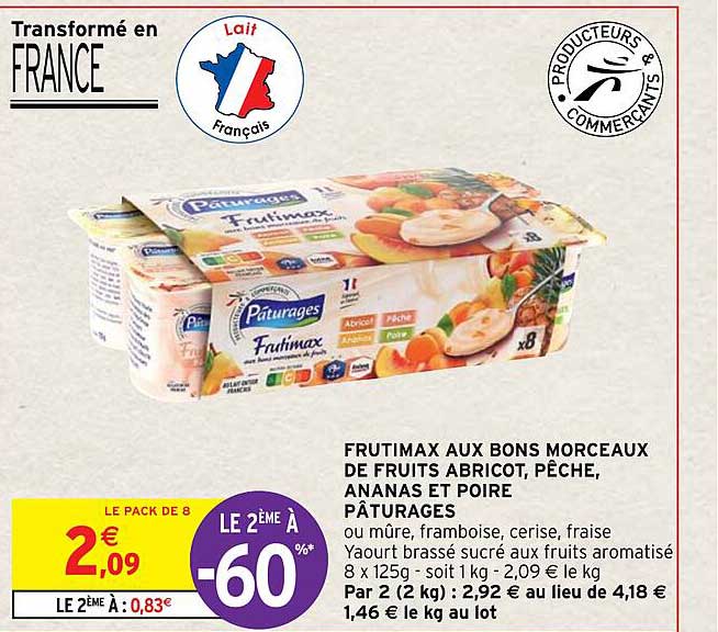 frutimax aux bons morceaux de fruits abricot, pêche, ananas et poire pâturages