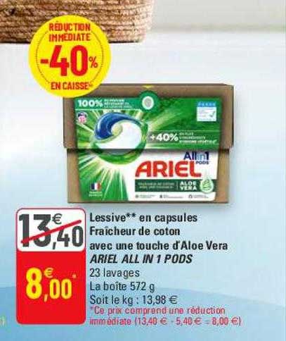lessive en capsules fraîcheur de coton avec une touche d'aloe vera ariel all in 1 pods